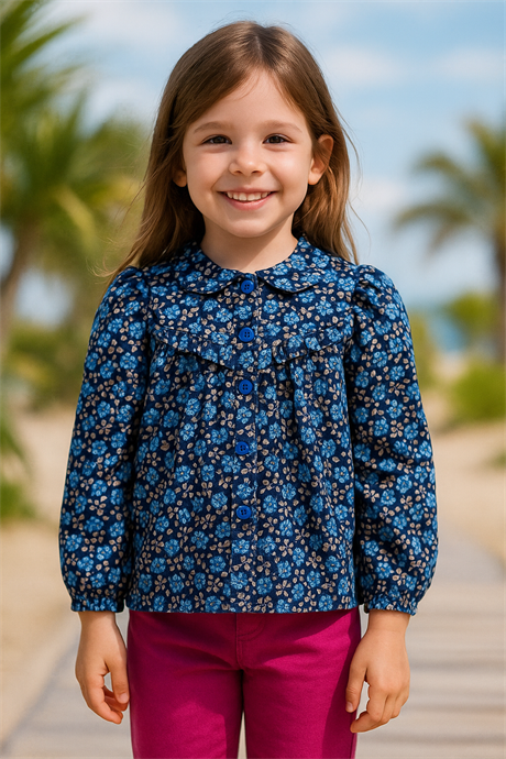 Kız Çocuk Çiçekli Uzun Kollu Gömlek Mavi 10 Yaş