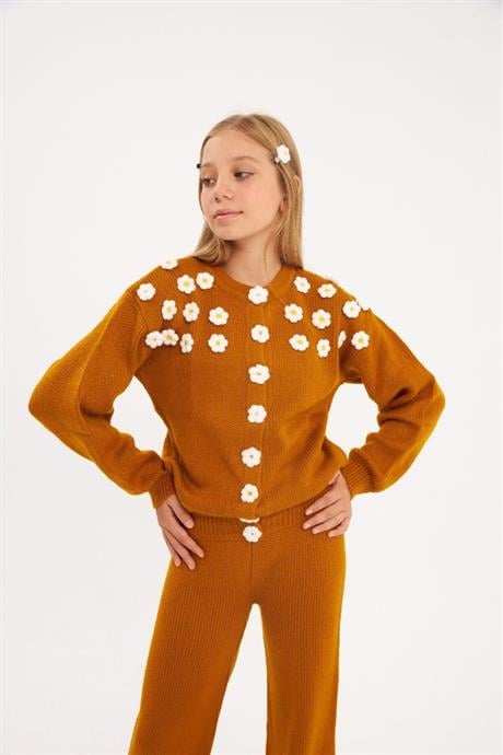 Kız Çocuk Çıtçıtlı Papatya İşlemeli Triko Hırka Renkli Triko Pantolon Saç Tokası 3'lü Takım Hardal 12 Yaş