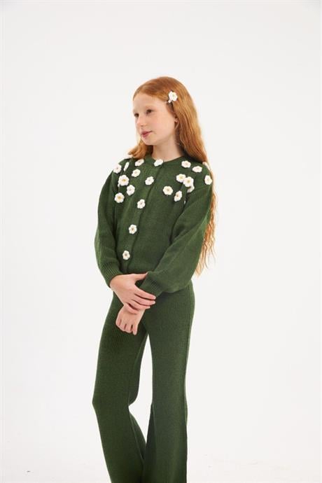 Kız Çocuk Çıtçıtlı Papatya İşlemeli Triko Hırka Renkli Triko Pantolon Saç Tokası 3'lü Takım Yeşil 8 Yaş