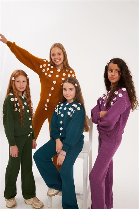 Kız Çocuk Çıtçıtlı Papatya İşlemeli Triko Hırka Renkli Triko Pantolon Saç Tokası 3'lü Takım Mavi 6 Yaş