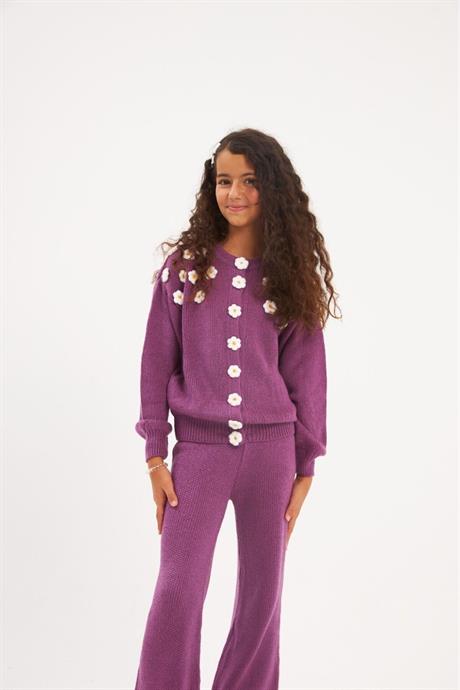 Kız Çocuk Çıtçıtlı Papatya İşlemeli Triko Hırka Renkli Triko Pantolon Saç Tokası 3'lü Takım Mor 4 Yaş