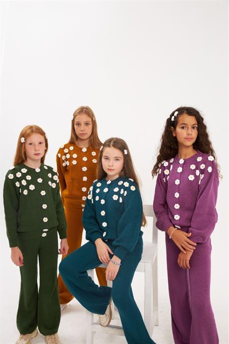 Kız Çocuk Çıtçıtlı Papatya İşlemeli Triko Hırka Renkli Triko Pantolon Saç Tokası 3'lü Takım Yeşil 4 Yaş