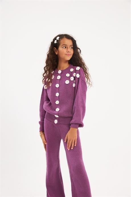 Kız Çocuk Çıtçıtlı Papatya İşlemeli Triko Hırka Renkli Triko Pantolon Saç Tokası 3'lü Takım Mor 8 Yaş