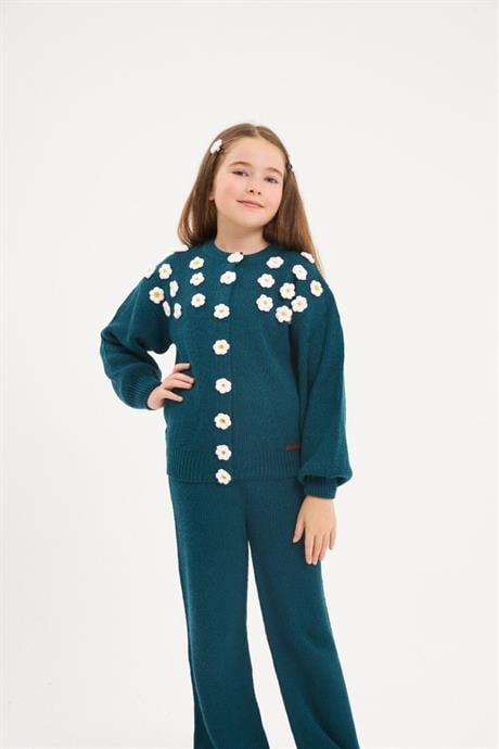 Kız Çocuk Çıtçıtlı Papatya İşlemeli Triko Hırka Renkli Triko Pantolon Saç Tokası 3'lü Takım Mavi 6 Yaş