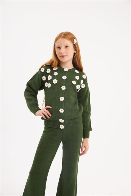 Kız Çocuk Çıtçıtlı Papatya İşlemeli Triko Hırka Renkli Triko Pantolon Saç Tokası 3'lü Takım Yeşil 10 Yaş