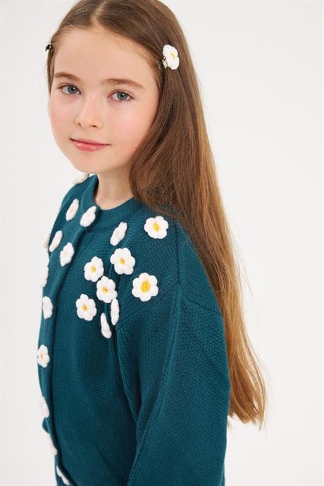 Kız Çocuk Çıtçıtlı Papatya İşlemeli Triko Hırka Renkli Triko Pantolon Saç Tokası 3'lü Takım Mavi 10 Yaş