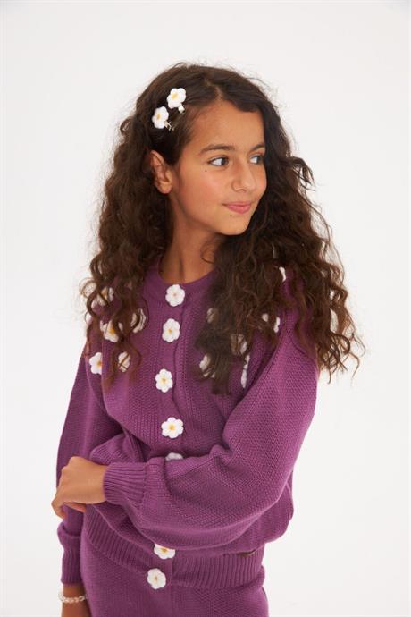 Kız Çocuk Çıtçıtlı Papatya İşlemeli Triko Hırka Renkli Triko Pantolon Saç Tokası 3'lü Takım Mor 4 Yaş