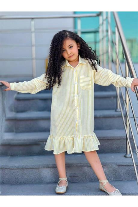 Kız Çocuk Çizgili Cepli Gömlek Elbise Sarı 6 Yaş