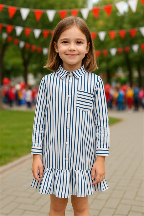 Kız Çocuk Çizgili Cepli Gömlek Elbise Mavi 12 Yaş