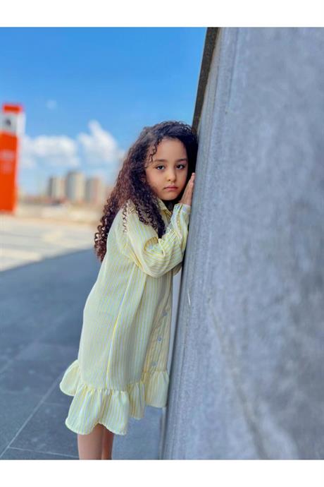 Kız Çocuk Çizgili Cepli Gömlek Elbise Sarı 4 Yaş