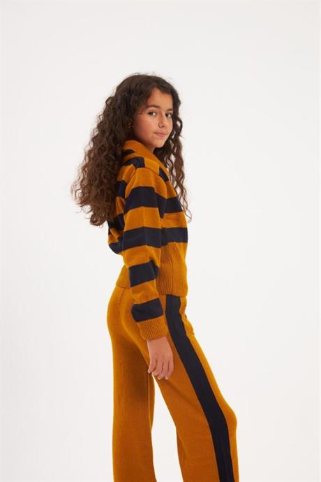 Kız Çocuk Çizgili Gold Düğmeli Triko Hırka Cepli Pantolon 2'li Takım Hardal 12 Yaş
