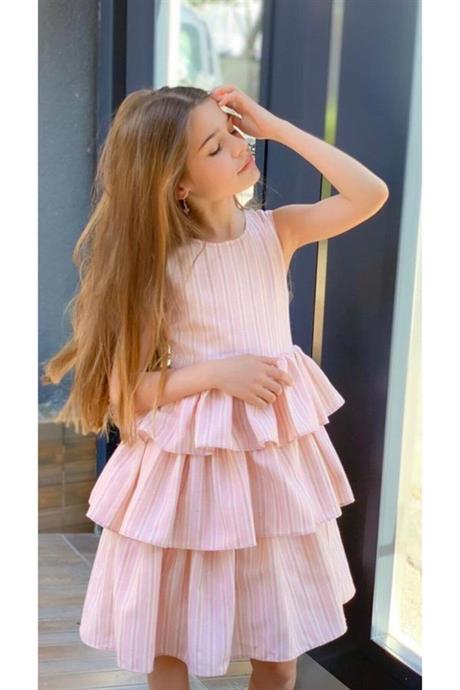 Kız Çocuk Çizgili Kat Kat Elbise PEMBE 2-4 Yaş