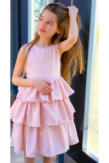 Kız Çocuk Çizgili Kat Kat Elbise PEMBE 8 Yaş
