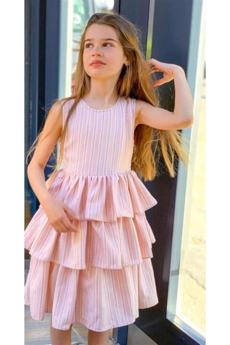Kız Çocuk Çizgili Kat Kat Elbise PEMBE 2-4 Yaş