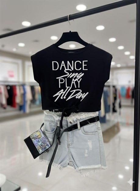 Kız Çocuk Dance Baskılı Pamuk Tişört Kot Şort 2`li Takım