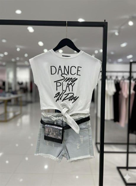 Kız Çocuk Dance Baskılı Pamuk Tişört Kot Şort 2`li Takım