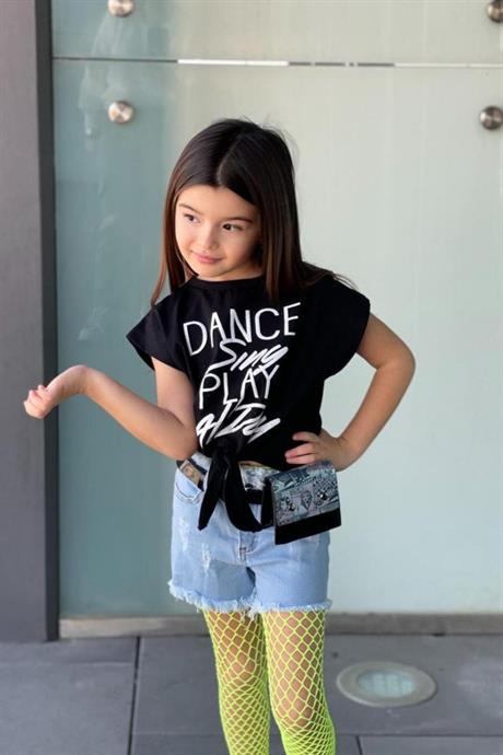 Kız Çocuk Dance Baskılı Tişört Kot Şort Bel Çantası 2 Adet File Çorap Beşli Takım SİYAH 4 Yaş