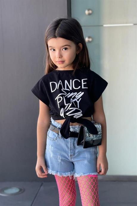 Kız Çocuk Dance Baskılı Tişört Kot Şort Bel Çantası 2 Adet File Çorap Beşli Takım SİYAH 12 Yaş