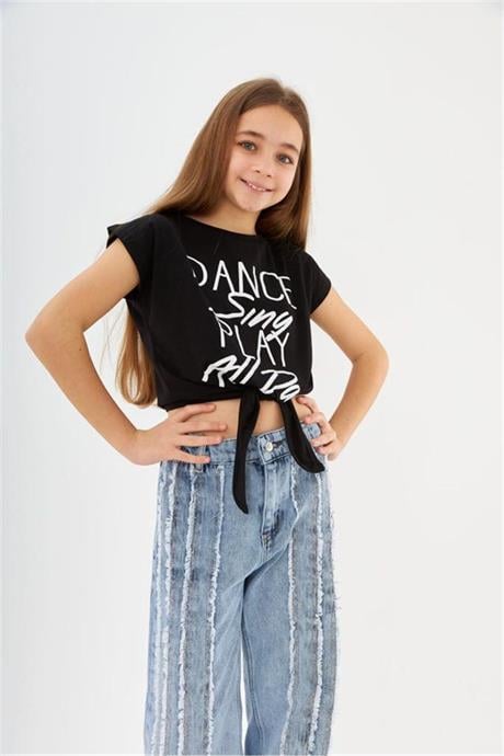 Kız Çocuk Dance Yazılı Bağlamalı Parçalı Mavi Kot Pantolon 2'li Takım Siyah 12 Yaş