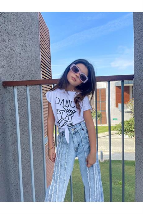 Kız Çocuk Dance Yazılı Bağlamalı Parçalı Mavi Kot Pantolon 2'li Takım Beyaz 4 Yaş