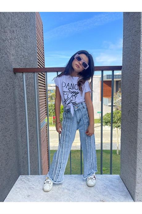 Kız Çocuk Dance Yazılı Bağlamalı Parçalı Mavi Kot Pantolon 2'li Takım Beyaz 10 Yaş