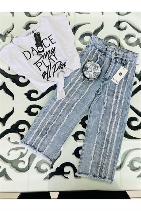 Kız Çocuk Dance Yazılı Bağlamalı Parçalı Mavi Kot Pantolon 2'li Takım Beyaz 6 Yaş