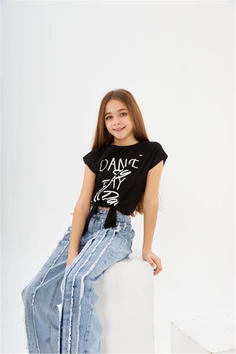 Kız Çocuk Dance Yazılı Bağlamalı Parçalı Mavi Kot Pantolon 2'li Takım Siyah 4 Yaş