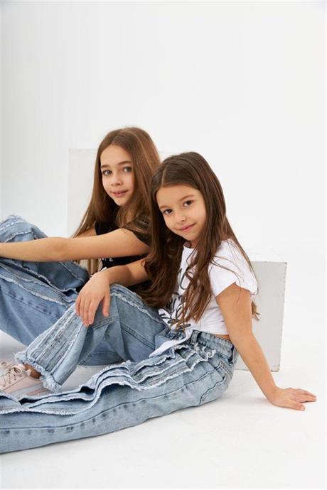 Kız Çocuk Dance Yazılı Bağlamalı Parçalı Mavi Kot Pantolon 2'li Takım Beyaz 8 Yaş