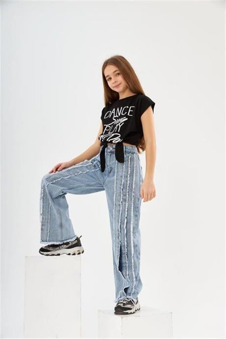 Kız Çocuk Dance Yazılı Bağlamalı Parçalı Mavi Kot Pantolon 2'li Takım Siyah 8 Yaş