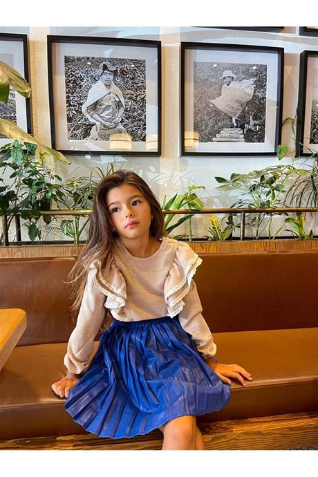 Kız Çocuk Dantel Detaylı Bluz Deri Piliseli Etek Deri Şapka 3'lü Takım Mavi 6 Yaş