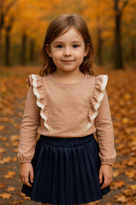 Kız Çocuk Dantel Detaylı Bluz Deri Piliseli Etek Deri Şapka 3'lü Takım Lacivert 8 Yaş