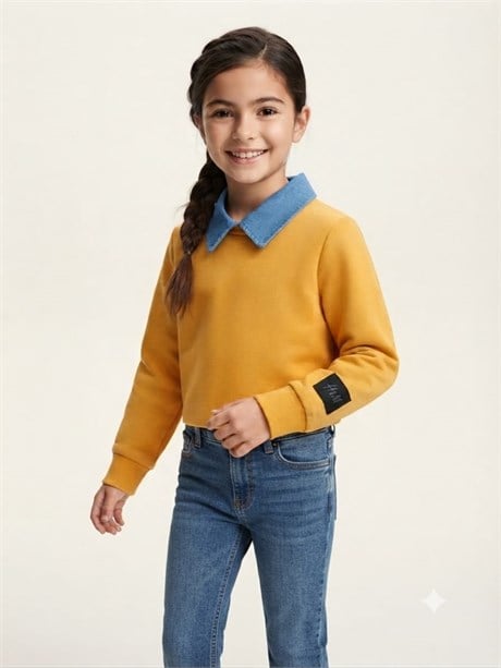 Kız Çocuk Denim Yaka Detaylı Sweatshirt