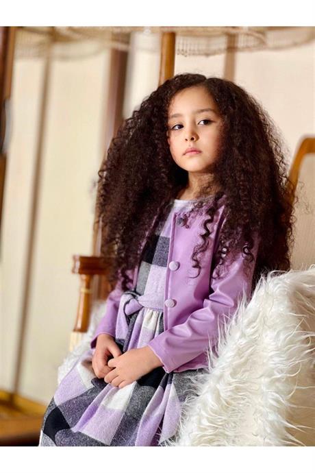Kız Çocuk Deri Ceket Oduncu Kumaş Elbise 2'li Takım Lila 10 Yaş
