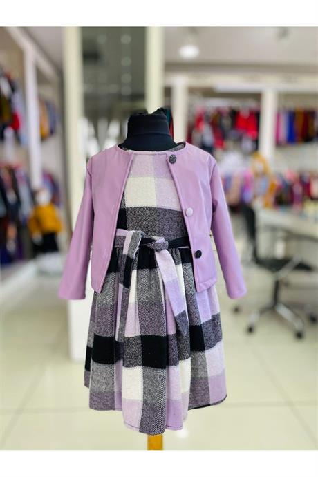 Kız Çocuk Deri Ceket Oduncu Kumaş Elbise 2'li Takım Lila 8 Yaş