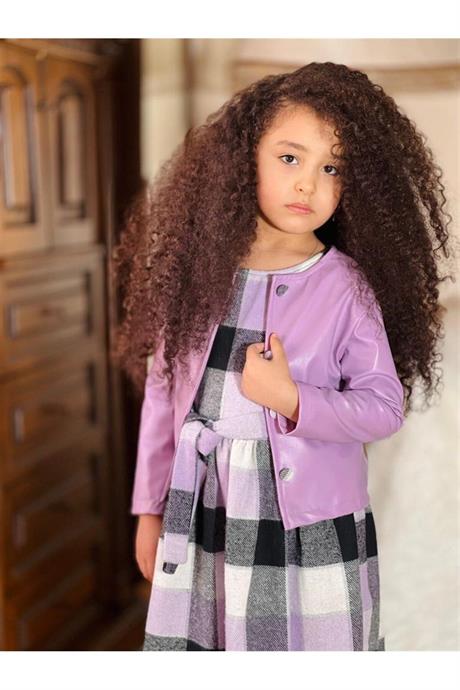 Kız Çocuk Deri Ceket Oduncu Kumaş Elbise 2'li Takım Lila 10 Yaş