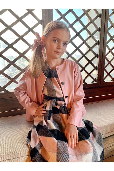 Kız Çocuk Deri Ceket Oduncu Kumaş Elbise 2'li Takım Pembe 6 Yaş