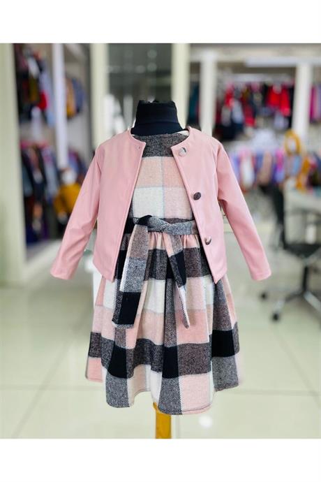 Kız Çocuk Deri Ceket Oduncu Kumaş Elbise 2'li Takım Pembe 4 Yaş