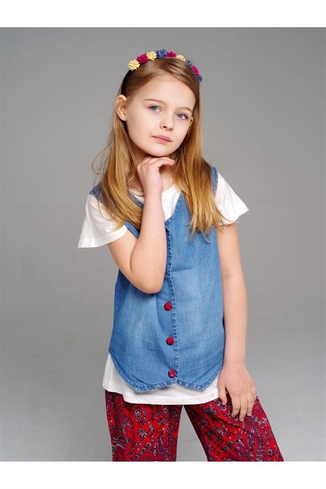 Kız Çocuk Desenli Bol Paça Pantolon Kot Yelek Ikili Takım KIRMIZI 10 Yaş