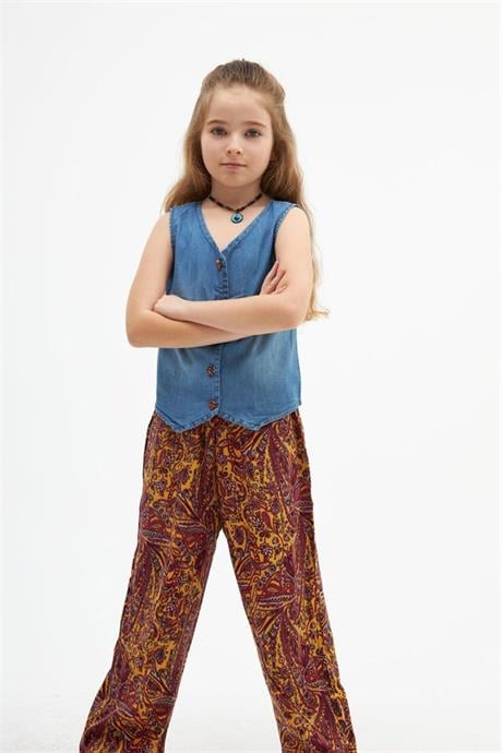 Kız Çocuk Desenli Bol Paça Pantolon Kot Yelek Ikili Takım
