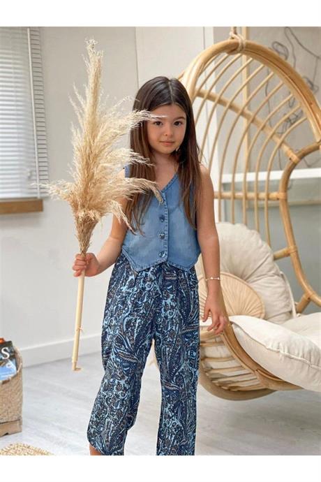 Kız Çocuk Desenli Bol Paça Pantolon Kot Yelek Ikili Takım MAVİ 14 Yaş