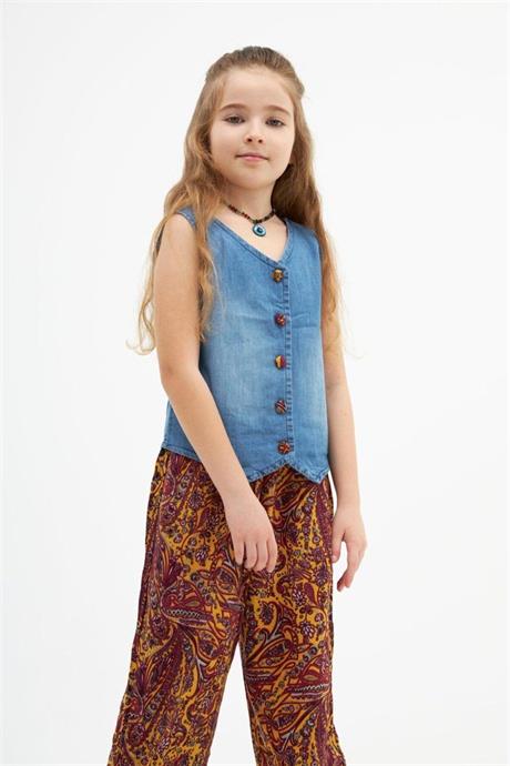 Kız Çocuk Desenli Bol Paça Pantolon Kot Yelek Ikili Takım SARI 6 Yaş