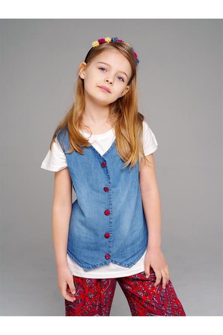 Kız Çocuk Desenli Bol Paça Pantolon Kot Yelek Ikili Takım KIRMIZI 10 Yaş