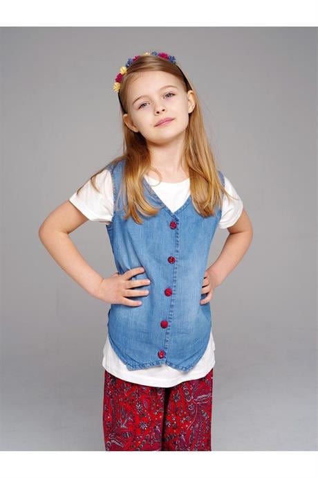 Kız Çocuk Desenli Bol Paça Pantolon Kot Yelek Ikili Takım KIRMIZI 8 Yaş