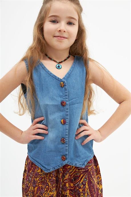 Kız Çocuk Desenli Bol Paça Pantolon Kot Yelek Ikili Takım SARI 12 Yaş