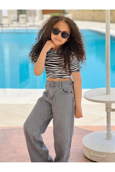 Kız Çocuk Desenli Crop Body Geniş Paça Gri Kot Pantolon 2'li Takım Siyah 14 Yaş