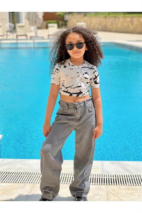 Kız Çocuk Desenli Crop Body Geniş Paça Gri Kot Pantolon 2'li Takım Beyaz 14 Yaş