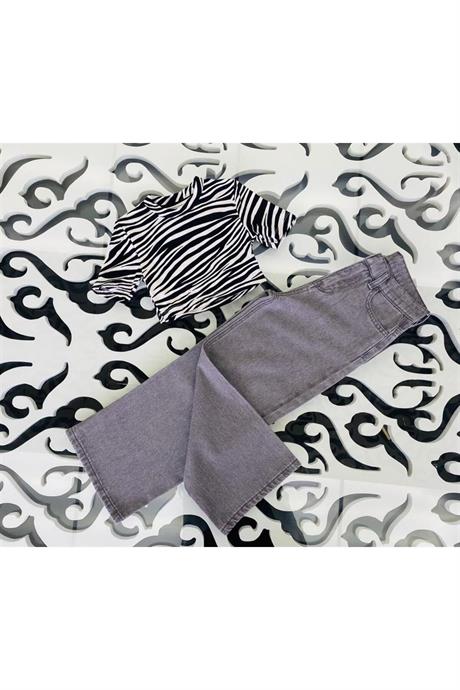 Kız Çocuk Desenli Crop Body Geniş Paça Gri Kot Pantolon 2'li Takım Siyah 4 Yaş