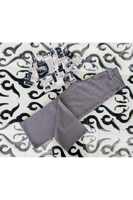 Kız Çocuk Desenli Crop Body Geniş Paça Gri Kot Pantolon 2'li Takım Gri 12 Yaş