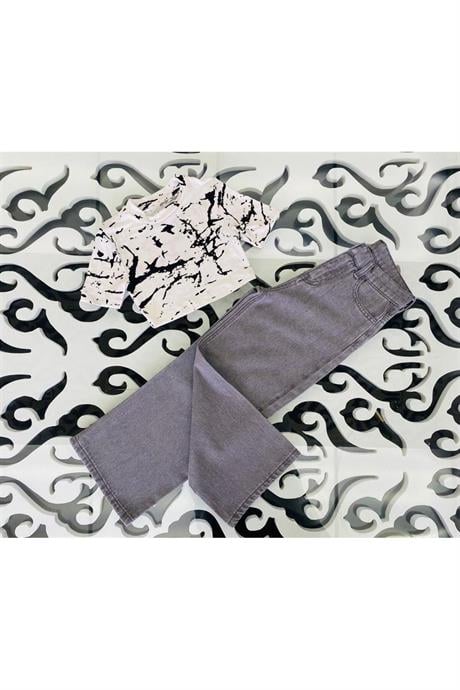 Kız Çocuk Desenli Crop Body Geniş Paça Gri Kot Pantolon 2'li Takım Beyaz 8 Yaş