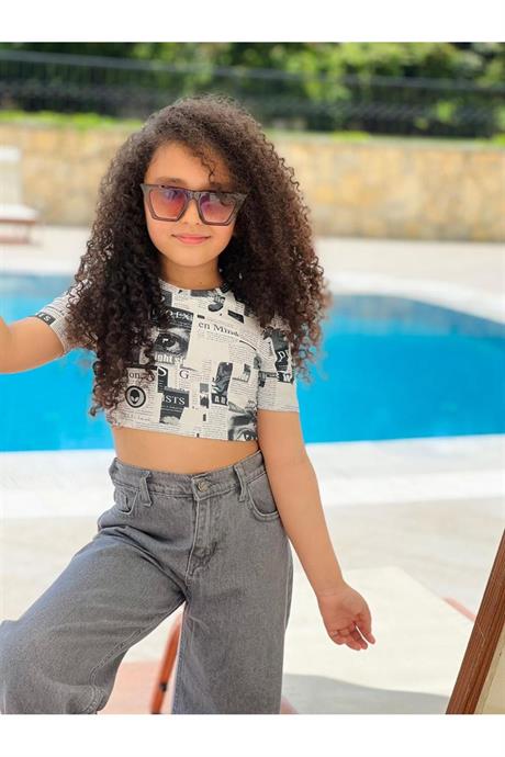 Kız Çocuk Desenli Crop Body Geniş Paça Gri Kot Pantolon 2'li Takım Gri 6 Yaş